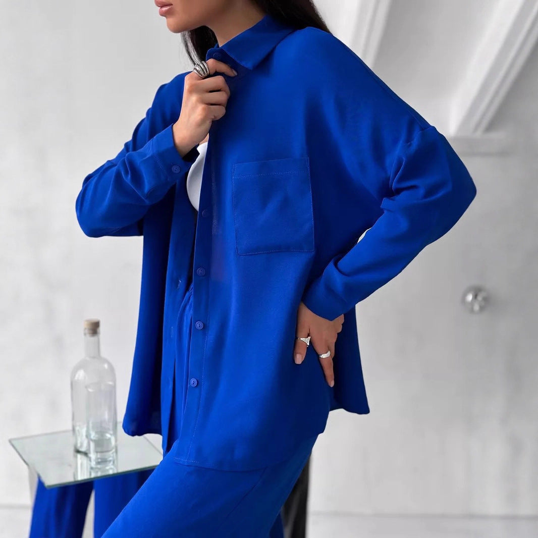 Damen Zweiteiliges Lounge-Set Oversize-Bluse mit Brusttasche und weiter Palazzo-Hose Nord Taschen