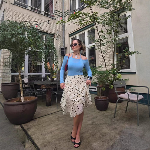 Damen Gepunkteter Chiffon-Volant‑Midirock mit Wickeloptik und asymmetrischem Saum Nord Taschen