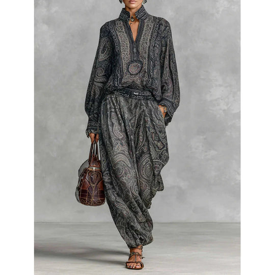 Damen Fließendes Boho-Zweiteiler-Set mit weiter Tunika und Haremshose im Paisley-Design Nord Taschen