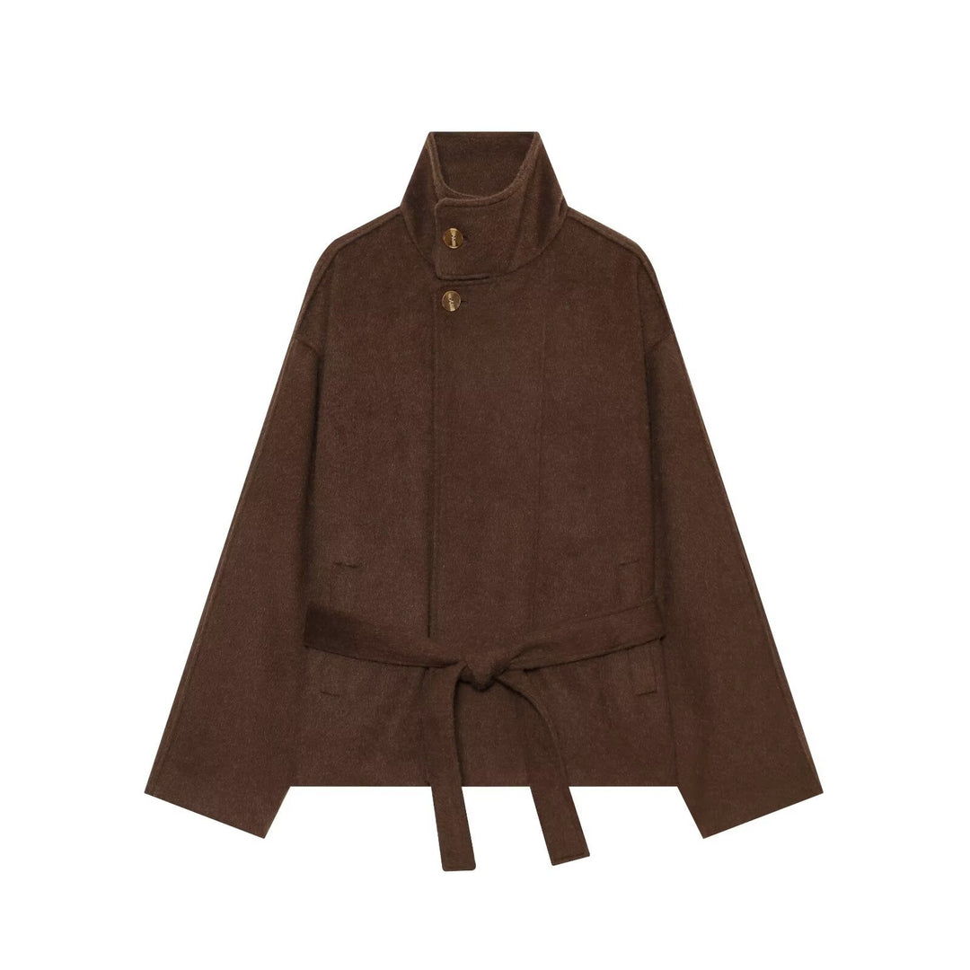 Damen Kurzcape‑Mantel aus Wollmix mit hohem Stehkragen und Taillengürtel Nord Taschen