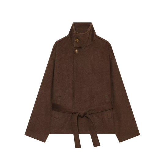 Damen Kurzcape‑Mantel aus Wollmix mit hohem Stehkragen und Taillengürtel Nord Taschen
