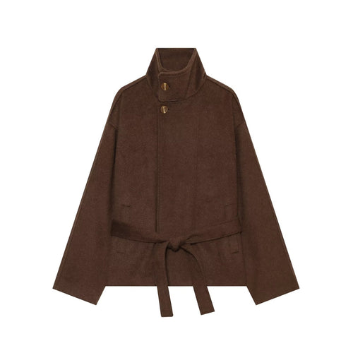 Damen Kurzcape‑Mantel aus Wollmix mit hohem Stehkragen und Taillengürtel Nord Taschen