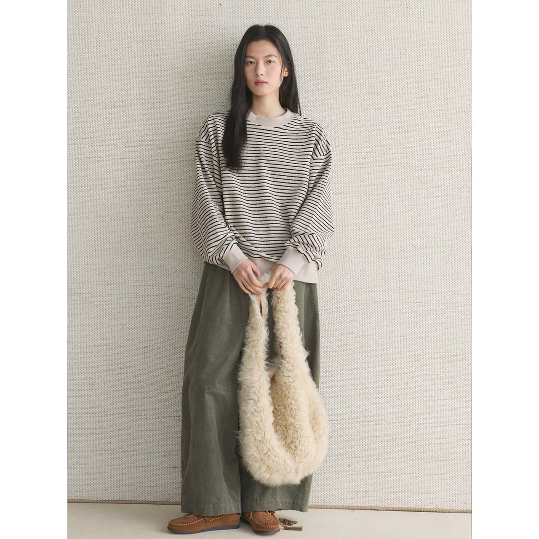 Damen Oversize Gestreifter Feinstrickpullover mit überschnittener Schulter Nord Taschen