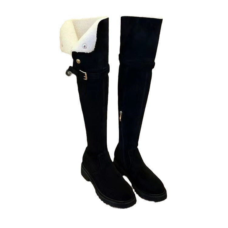 Damen Kniehohe Velours-Winterstiefel mit umklappbarer Schaftrand‑Fütterung und profilierter Lug‑Sohle Nord Taschen