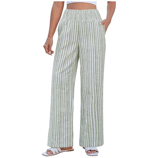 Damen Leichte Leinenhose mit weitem Bein, hoch geschnittener geraffter Gummibund und Seitentaschen Nord Taschen