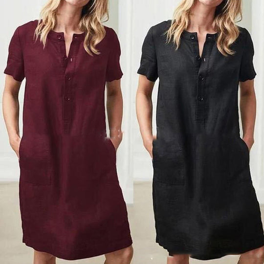 Damen lässiges Leinenkleid mit Knopfleiste und praktischen Taschen