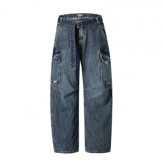 Damen Cargo-Jeans mit hohem Bund, weitem Relaxed-Fit und abnehmbarem Denim-Gürtel Nord Taschen