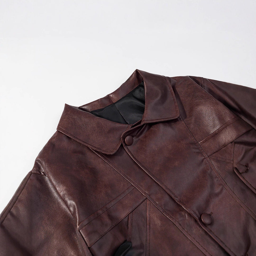 Damen Kurzer Boxy‑Lederimitat‑Blouson mit geometrischen Nahtdetails und Hemdkragen Nord Taschen