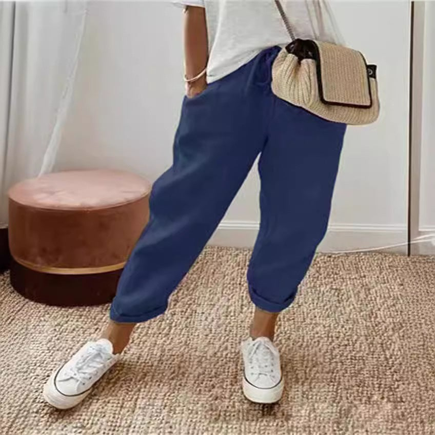 Damen Lässige Leinen-Joggerhose mit hohem Bund, Tunnelzug und gekrempeltem Saum Nord Taschen