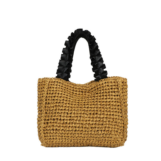 Damen Strandtasche aus handgewebtem Naturmaterial mit dekorativem Kordelzug Nord Taschen