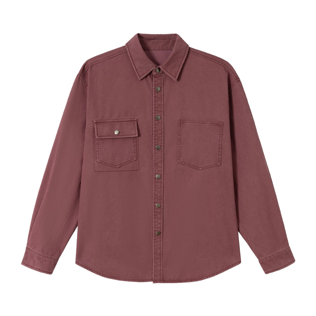 Damen Oversize Hemdjacke im Shacket‑Stil aus gewaschenem Baumwolltwill mit Druckknopfverschluss Nord Taschen