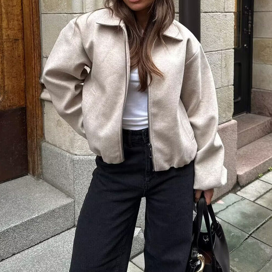Damen Cropped Bomberjacke mit elastischem Saum, durchgehendem Reißverschluss und ballonärmeln Nord Taschen