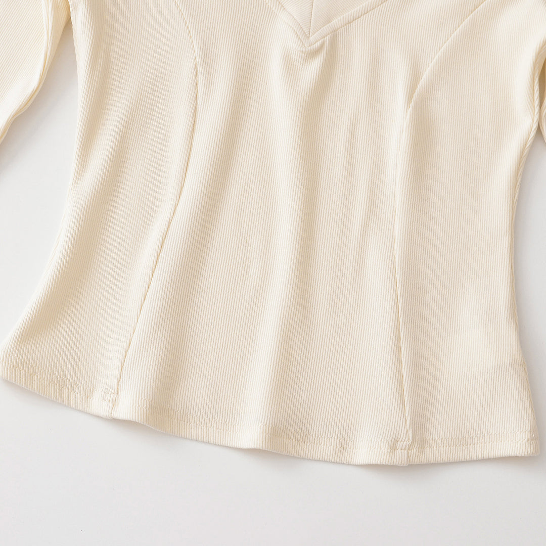 Damen Geripptes Langarmshirt mit V-Ausschnitt und taillierter Schnittführung Nord Taschen