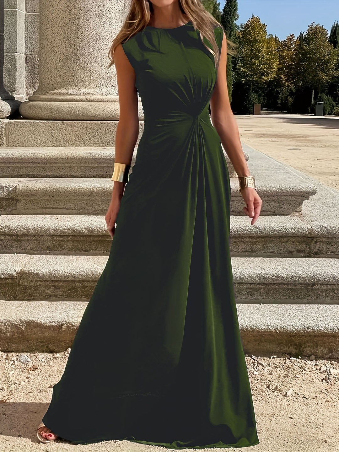Damen Elegantes Maxikleid mit Raffungen und Rundhalsausschnitt