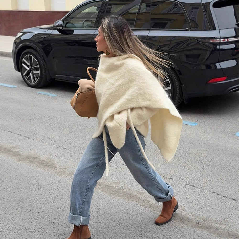 Damen Oversize Wollmix-Poncho mit asymmetrischem Fall und Bindebändern Nord Taschen