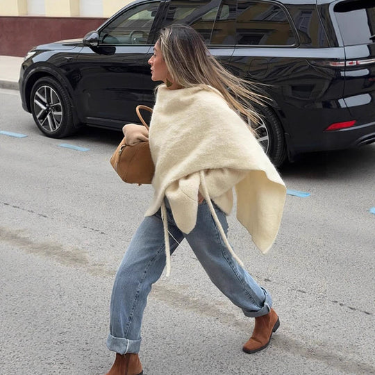 Damen Oversize Wollmix-Poncho mit asymmetrischem Fall und Bindebändern Nord Taschen