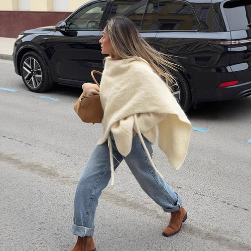 Damen Oversize Wollmix-Poncho mit asymmetrischem Fall und Bindebändern Nord Taschen