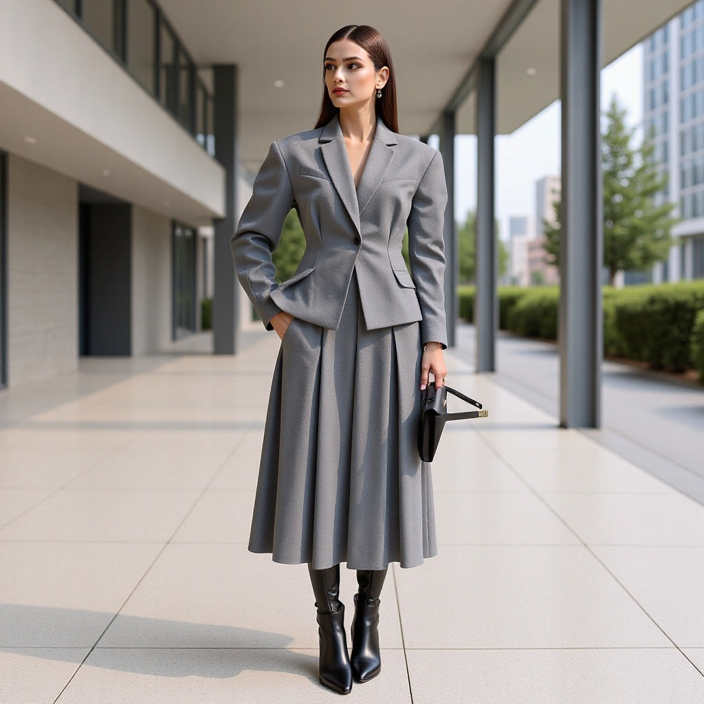 Damen Elegantes Wollmix-Kostüm mit tailliertem Kurzblazer und ausgestelltem Midirock Nord Taschen