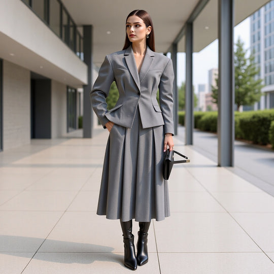 Damen Elegantes Wollmix-Kostüm mit tailliertem Kurzblazer und ausgestelltem Midirock Nord Taschen