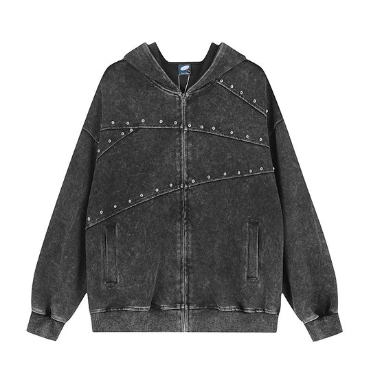 Damen Kapuzen‑Sweatjacke im Oversize‑Used‑Look mit Nietverzierung und durchgehendem Reißverschluss Nord Taschen