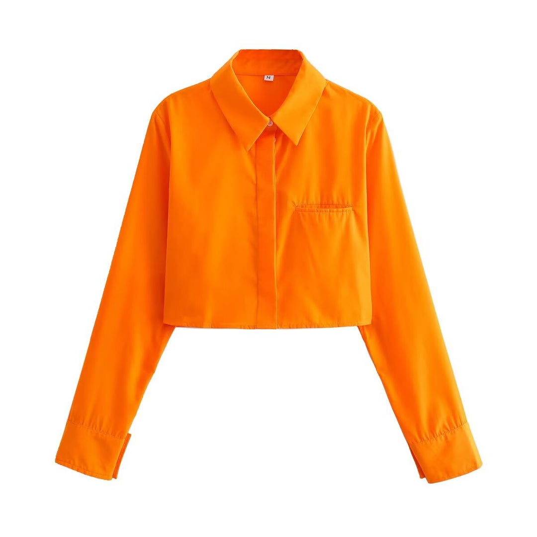 Damen cropped Bluse mit klassischem Kragen und praktischen Brusttaschen Nord Taschen