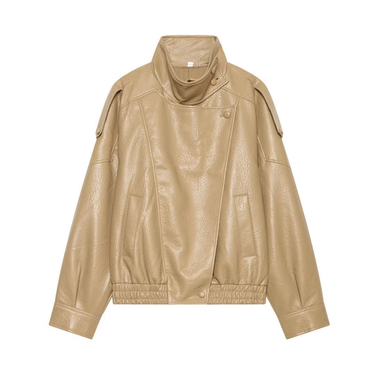 Damen Kurz geschnittene Kunstleder-Bomberjacke mit Stehkragen und Schulterriegeln Nord Taschen