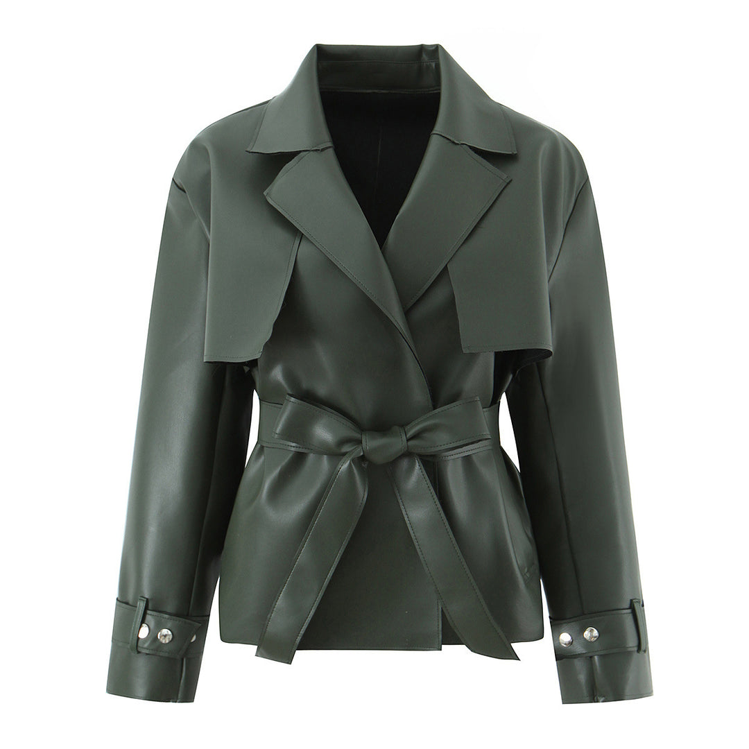 Damen Kurz geschnittener Kunstleder-Trenchcoat mit Taillengürtel Nord Taschen