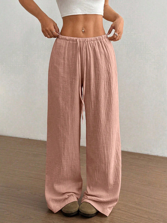 Damen Leichte Leinenoptik-Hose mit weitem Bein, Gummibund und Tunnelzug Nord Taschen