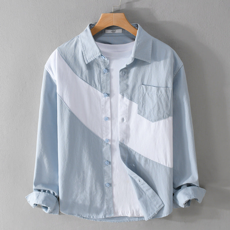 Herren Baumwoll-Overshirt mit diagonalem Colorblock, Kentkragen und Brusttasche Nord Taschen