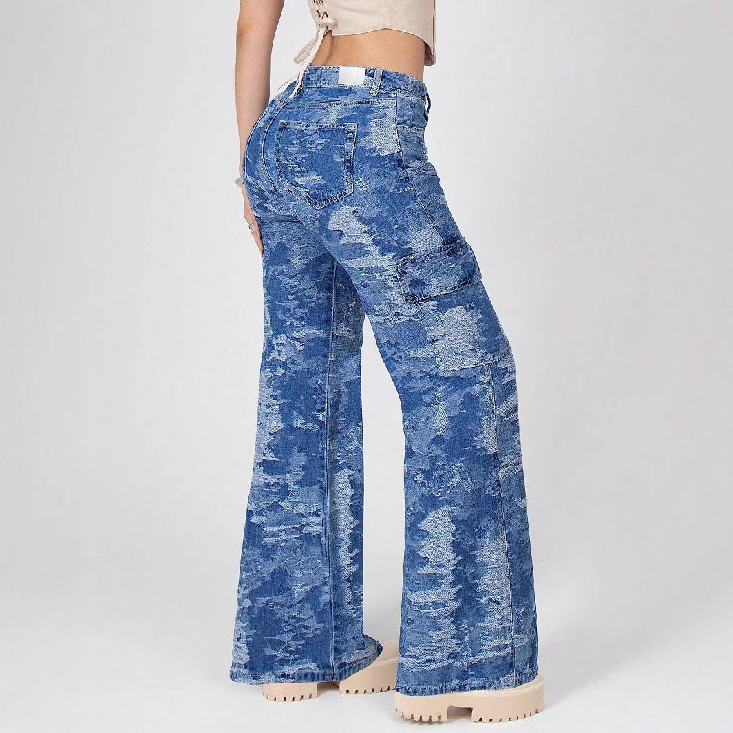 Damen Cargo-Flared-Jeans mit Camouflage-Waschung Nord Taschen