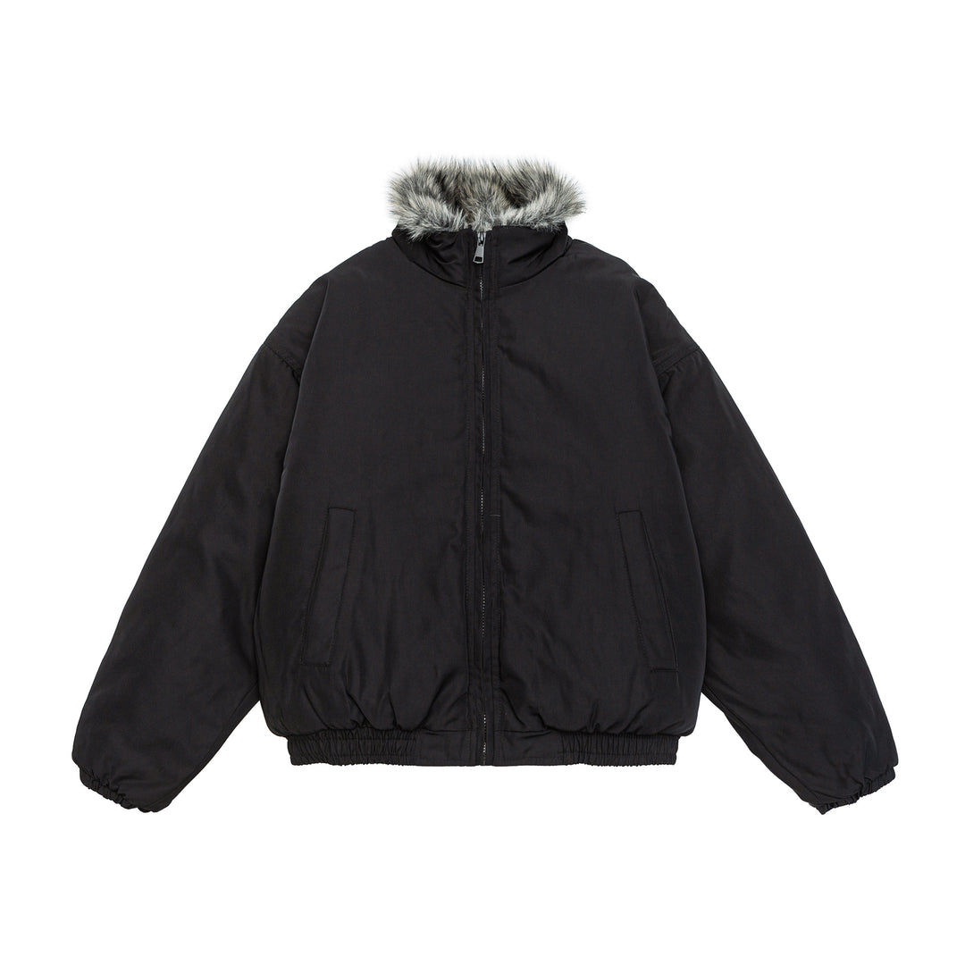 Damen Oversize wattierte Bomberjacke mit elastischem Saum und Kunstfellbesatz Nord Taschen