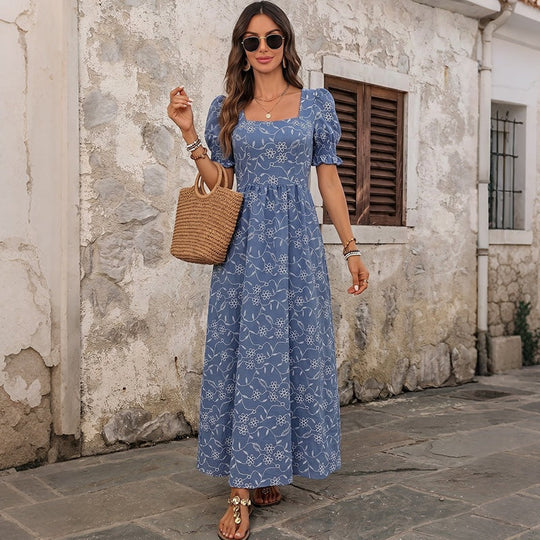 Damen Langes Leichtes Sommer-Maxikleid mit quadratischem Ausschnitt, Puffärmeln und floraler Stickoptik Nord Taschen