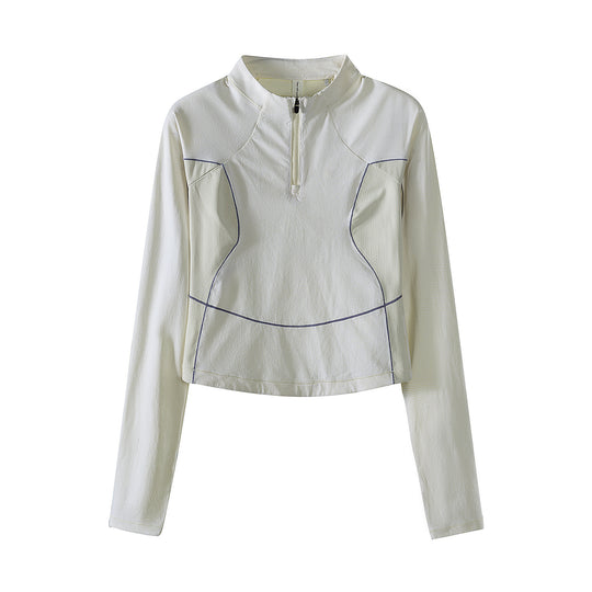 Damen Cropped Halbzip-Trainingsshirt mit Raglanärmeln und Kontrastpaneelen Nord Taschen