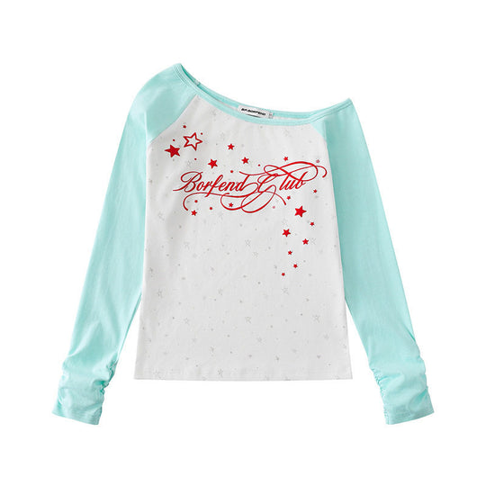 Damen Raglan-Langarmshirt mit U-Boot-Ausschnitt, Sternen-Print und gerafften Ärmeln Nord Taschen
