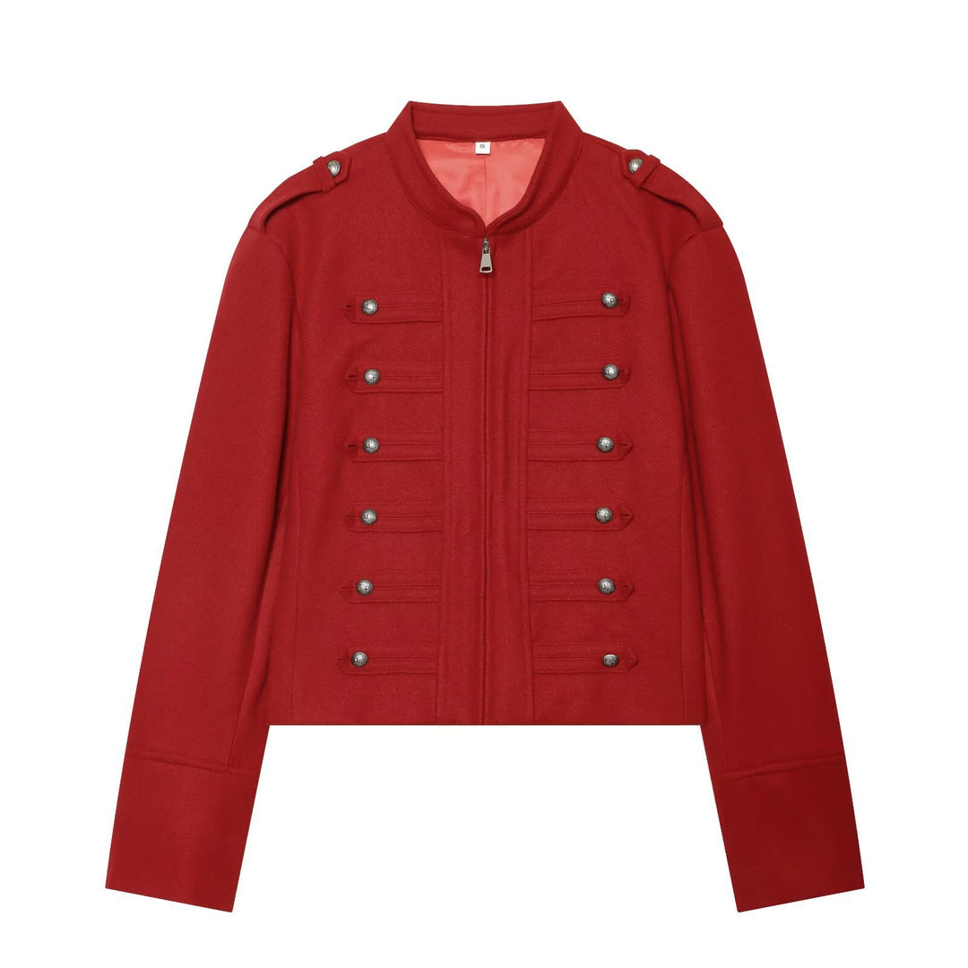 Damen Kurzjacke Military-inspirierte Wollmix‑Cropped Jacke mit Stehkragen, Epauletten und Zierknopfleiste Nord Taschen