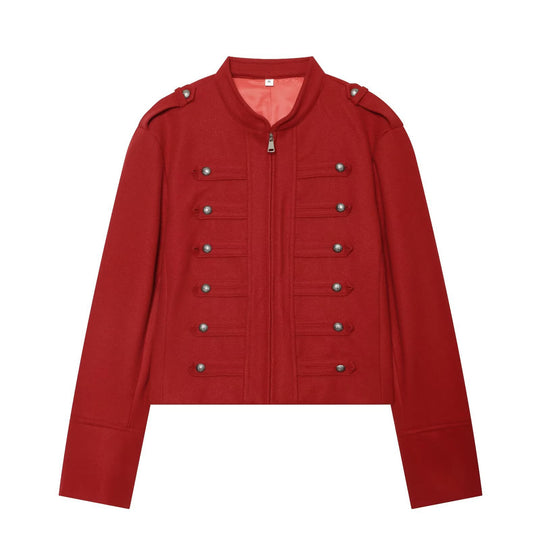 Damen Kurzjacke Military-inspirierte Wollmix‑Cropped Jacke mit Stehkragen, Epauletten und Zierknopfleiste Nord Taschen