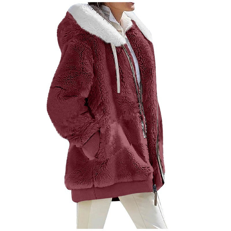 Damen Kuschelige Teddy-Kapuzenjacke mit Kontrastbesatz, Reißverschluss und Eingrifftaschen Nord Taschen