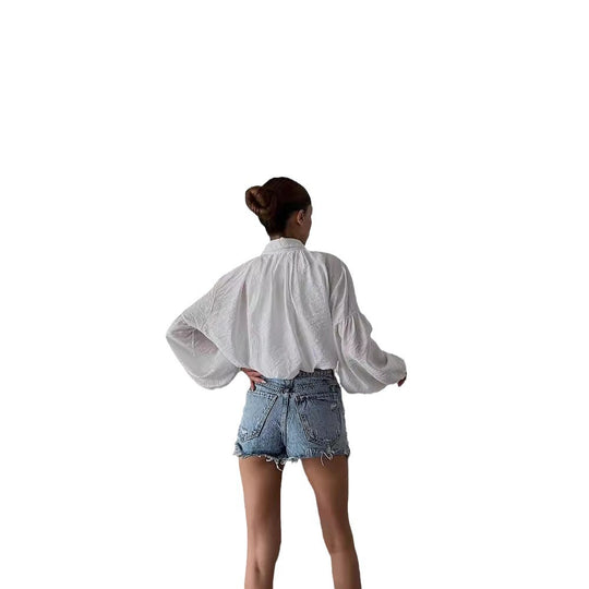 Damen Kurze Bluse mit Ballonärmeln, Zier-Knopfleiste und leichter Struktur Nord Taschen