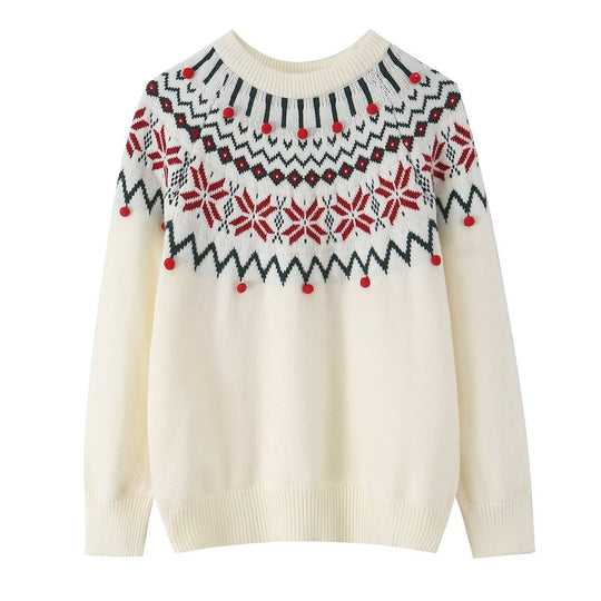Damen Strickpullover mit Norwegerbordüre und aufgesetzten Zierpompons Nord Taschen