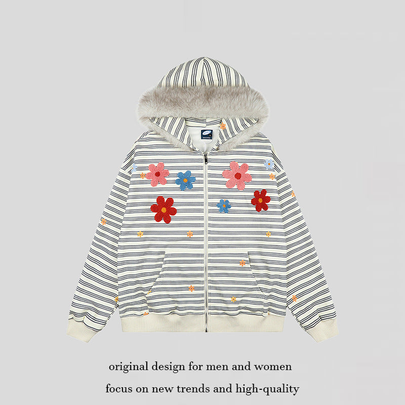 Damen Kapuzen-Zipjacke im gestreiften French-Terry mit Kunstfellkapuze und Blumenstickerei Nord Taschen
