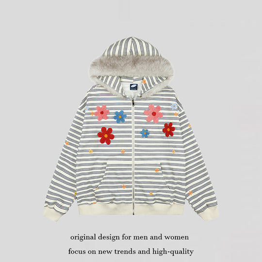 Damen Kapuzen-Zipjacke im gestreiften French-Terry mit Kunstfellkapuze und Blumenstickerei Nord Taschen