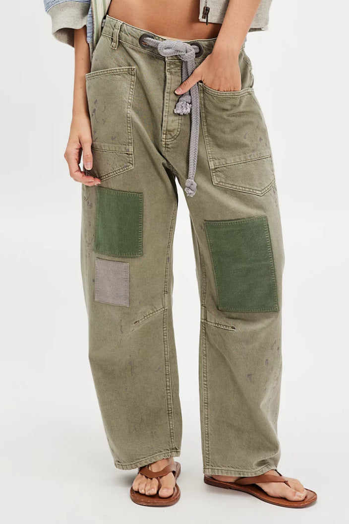 Damen hochgeschnittene Jeans im weiten Schnitt mit aufgesetzten Taschen und Kordelzug Nord Taschen