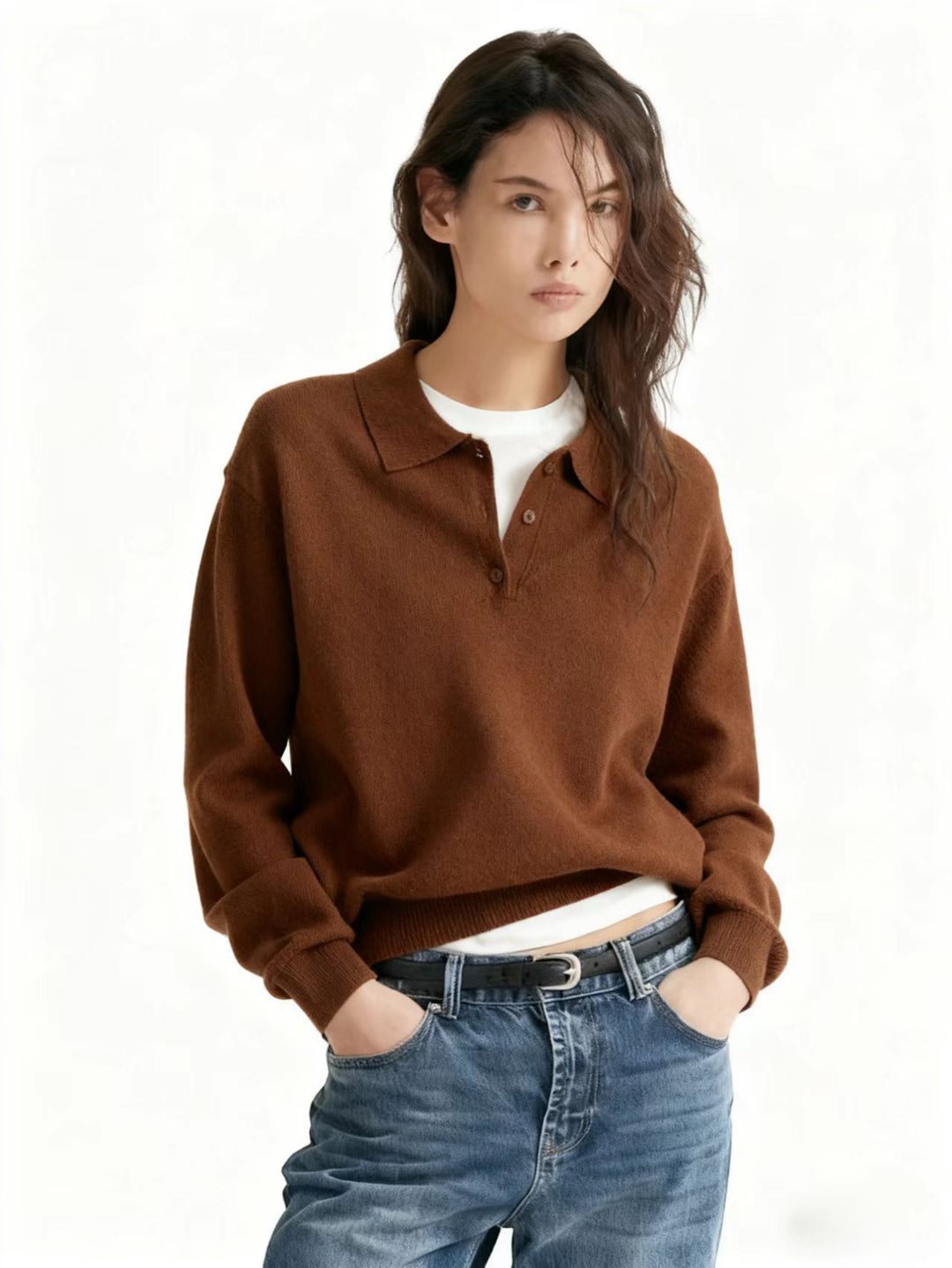 Damen Lässiger Polopullover aus weichem Strick Nord Taschen