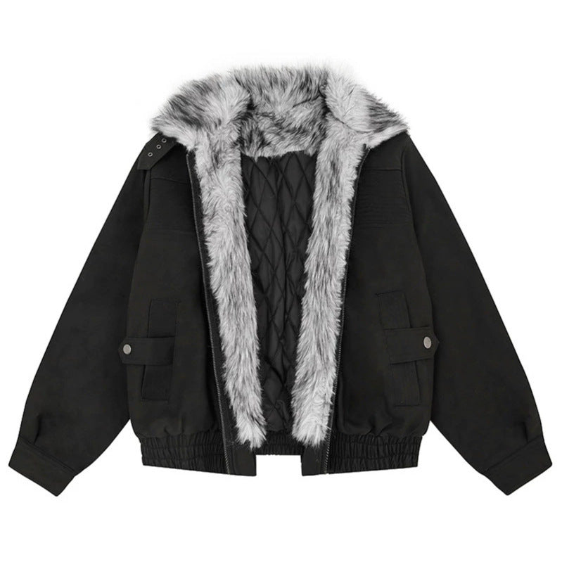 Damen Oversize-Bomberjacke mit Kunstfellkragen und elastischem Saum Nord Taschen
