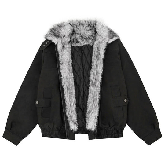 Damen Oversize-Bomberjacke mit Kunstfellkragen und elastischem Saum Nord Taschen