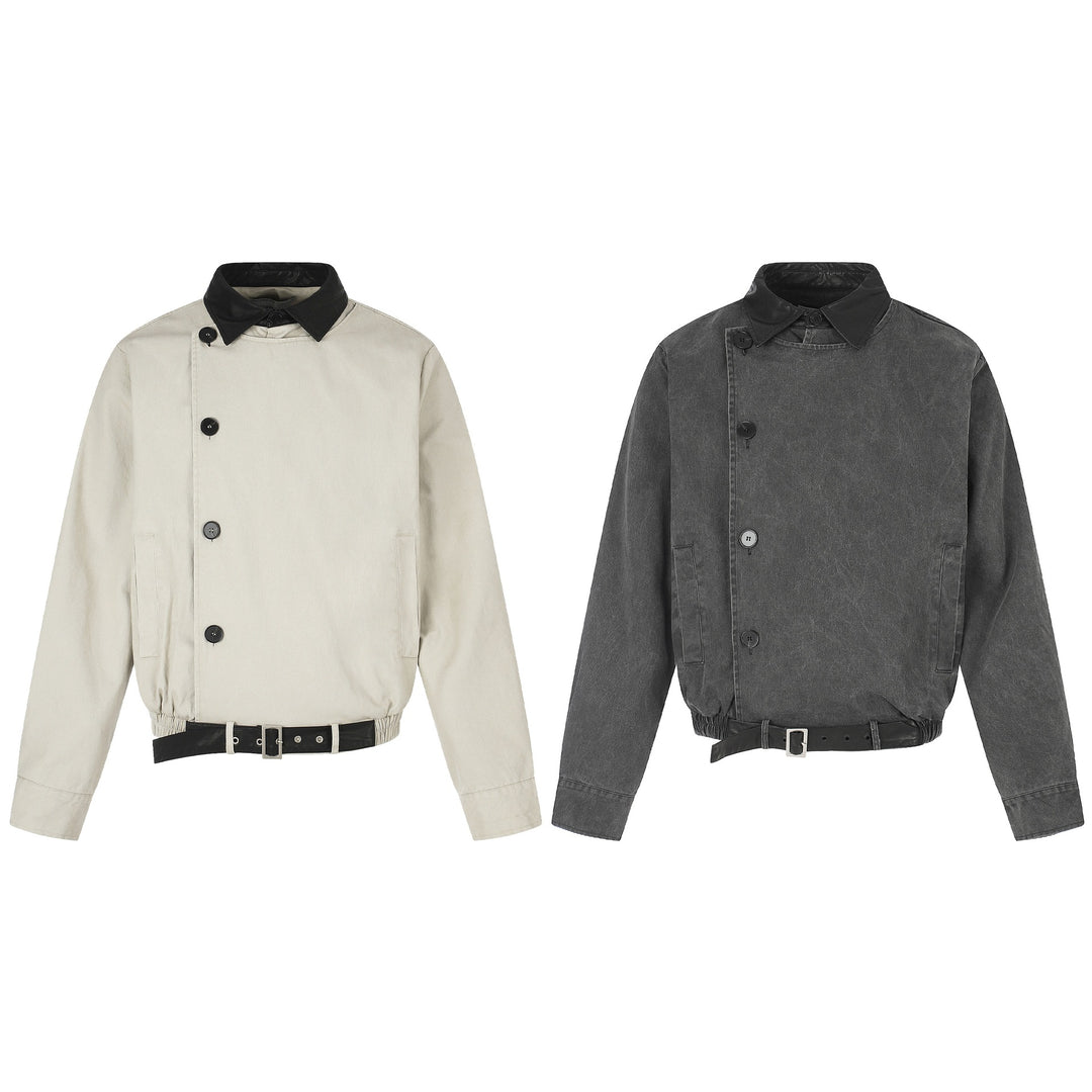Herren Kurz geschnittener Boxy-Blouson mit asymmetrischer Knopfleiste, Taillengürtel und Kontrastkragen Nord Taschen