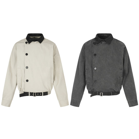 Herren Kurz geschnittener Boxy-Blouson mit asymmetrischer Knopfleiste, Taillengürtel und Kontrastkragen Nord Taschen