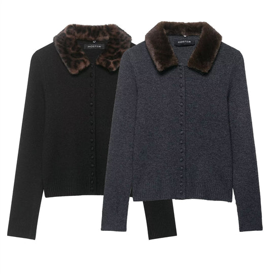 Damen Feinstrick-Cardigan mit Kunstpelzkragen und verdeckter Knopfleiste Nord Taschen