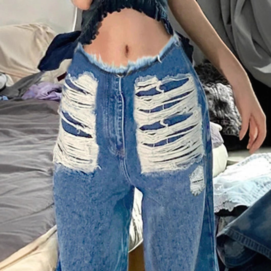 Damen hochgeschnittene weite Jeanshose aus Denim mit stark zerstörter Front und rohem Bund Nord Taschen