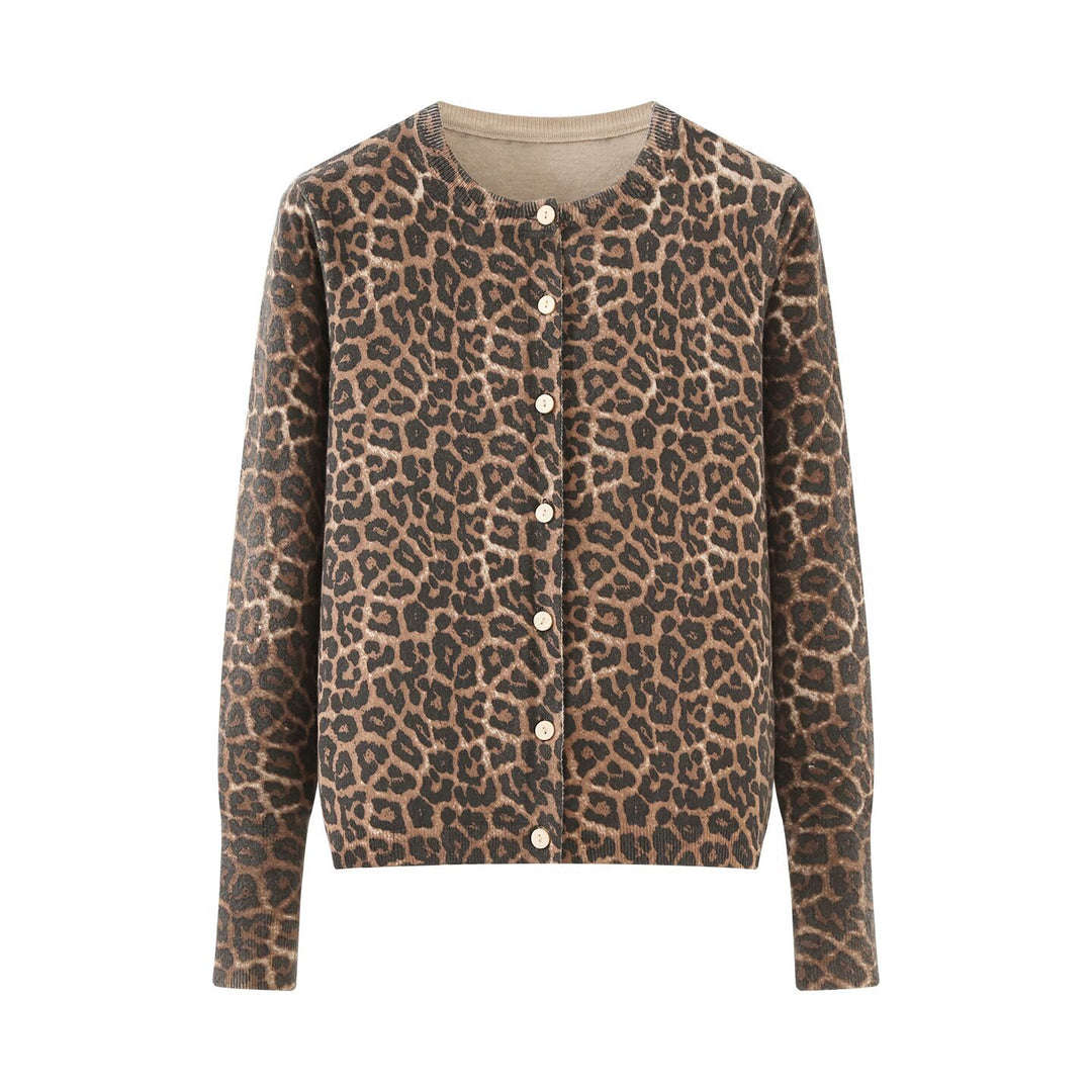 Damen Feinstrick-Cardigan mit Leoprint, Rundhals und durchgehender Knopfleiste Nord Taschen